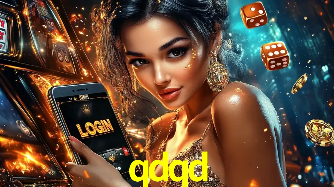 Mulher glamourosa segurando um celular com a tela de login do cassino qdqd, rodeada por dados e moedas douradas, pronta para começar a diversão.