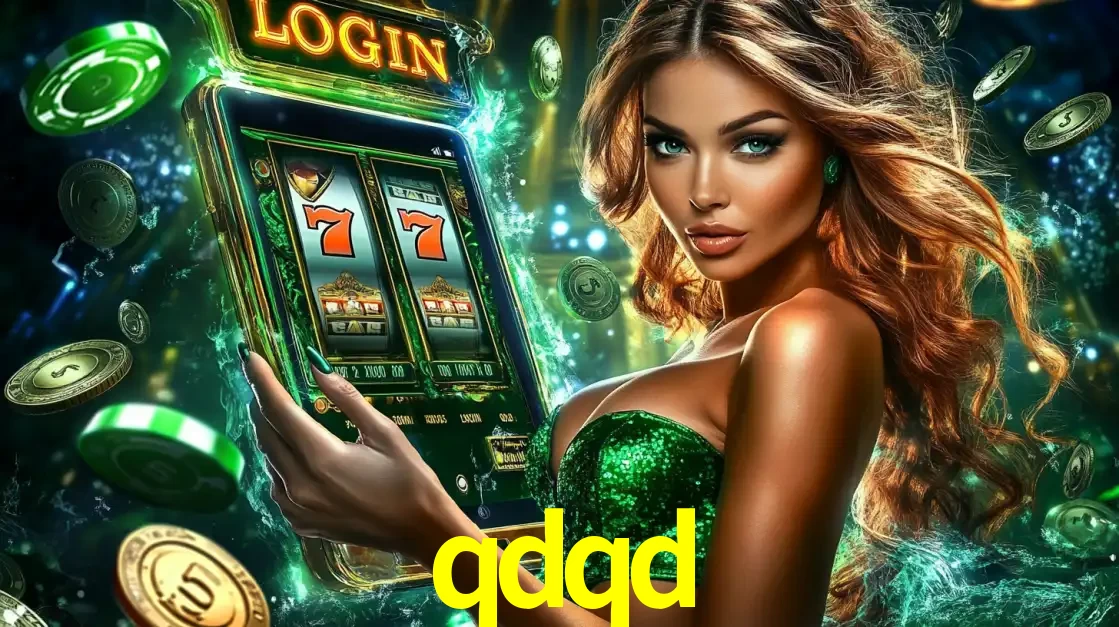 Mulher com tema verde apresentando o aplicativo do cassino qdqd com um jogo de slot de 777, cercada por fichas de cassino e uma aura de sorte.
