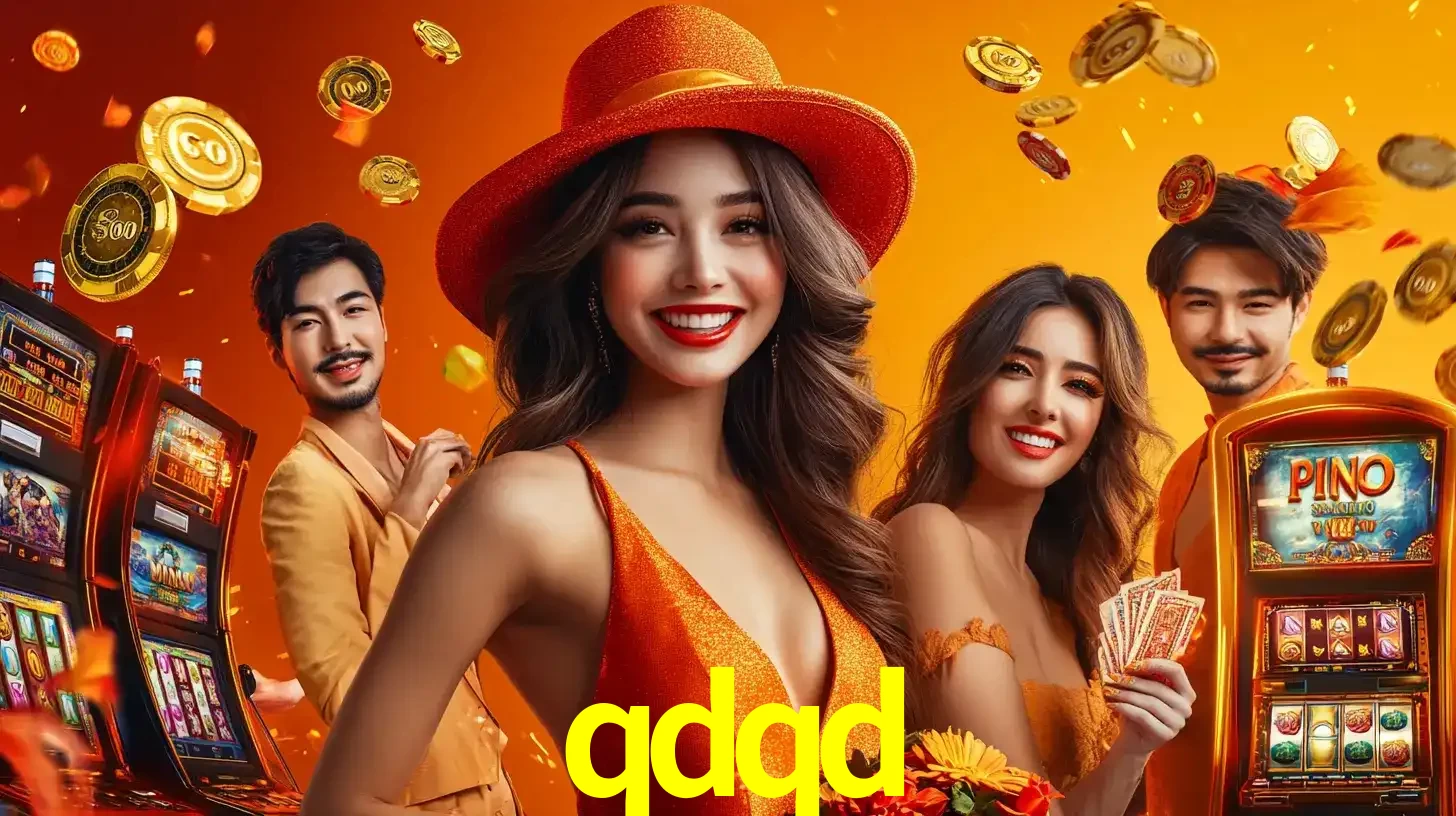 Grupo de amigos asiáticos sorrindo e se divertindo com máquinas de caça-níqueis em um ambiente festivo, celebrando suas vitórias nos jogos de cassino do qdqd.