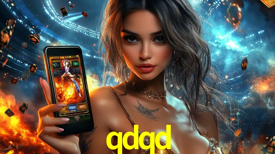 Mulher segurando um celular com um jogo de slot em destaque, tendo como fundo um estádio vibrante, simbolizando a emoção de jogar no cassino móvel qdqd.